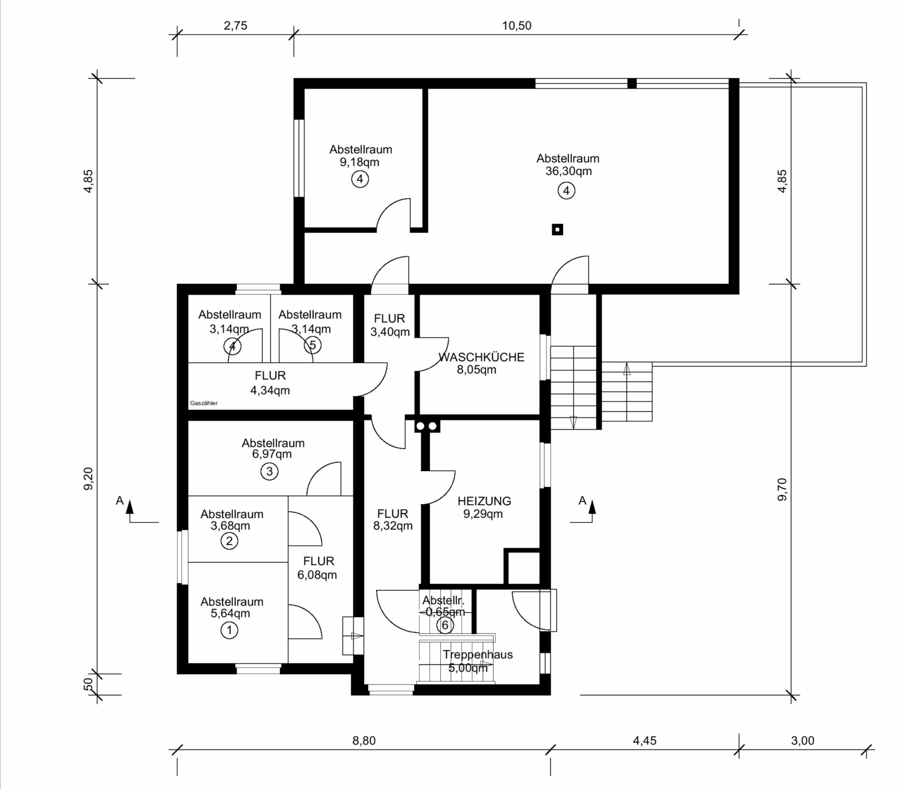 Grundriss Untergeschoss mit Abstellräumen und Heizung
